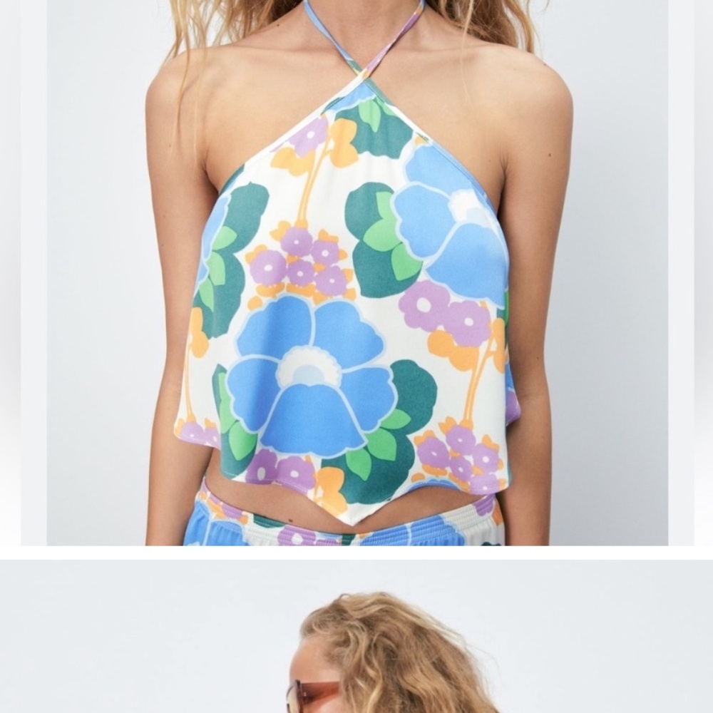 Floral Halter Neck Top - Blue and Green